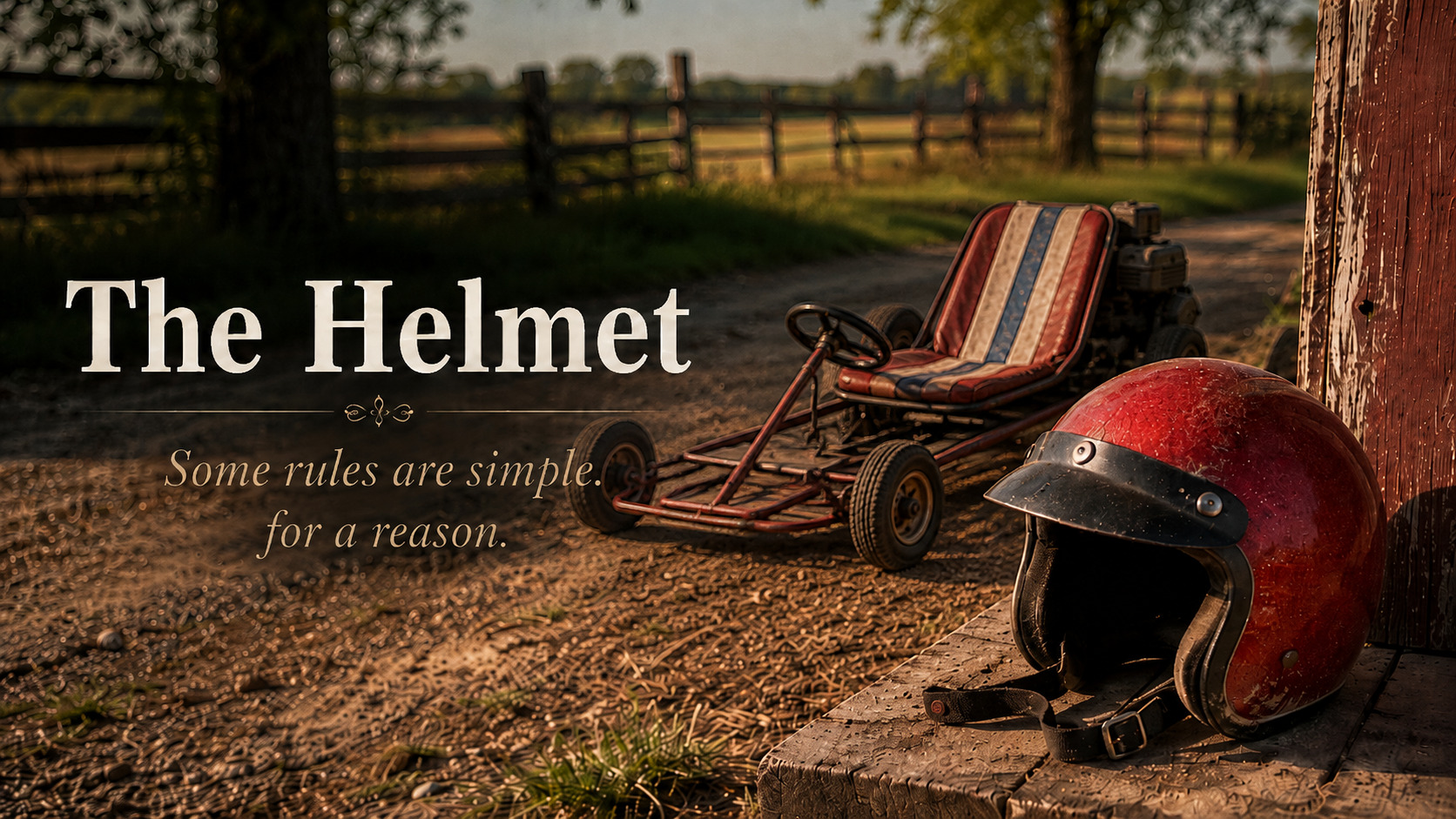 A scratched red sparkly open-face helmet in the foreground with a long, low red go-cart behind it in a sunlit farmyard