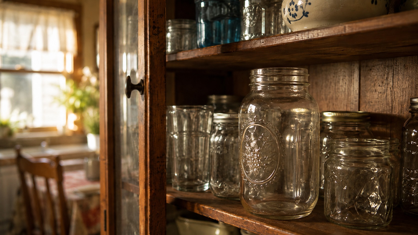 Empty mason jars and jelly jars in a warm wooden kitchen cabinet