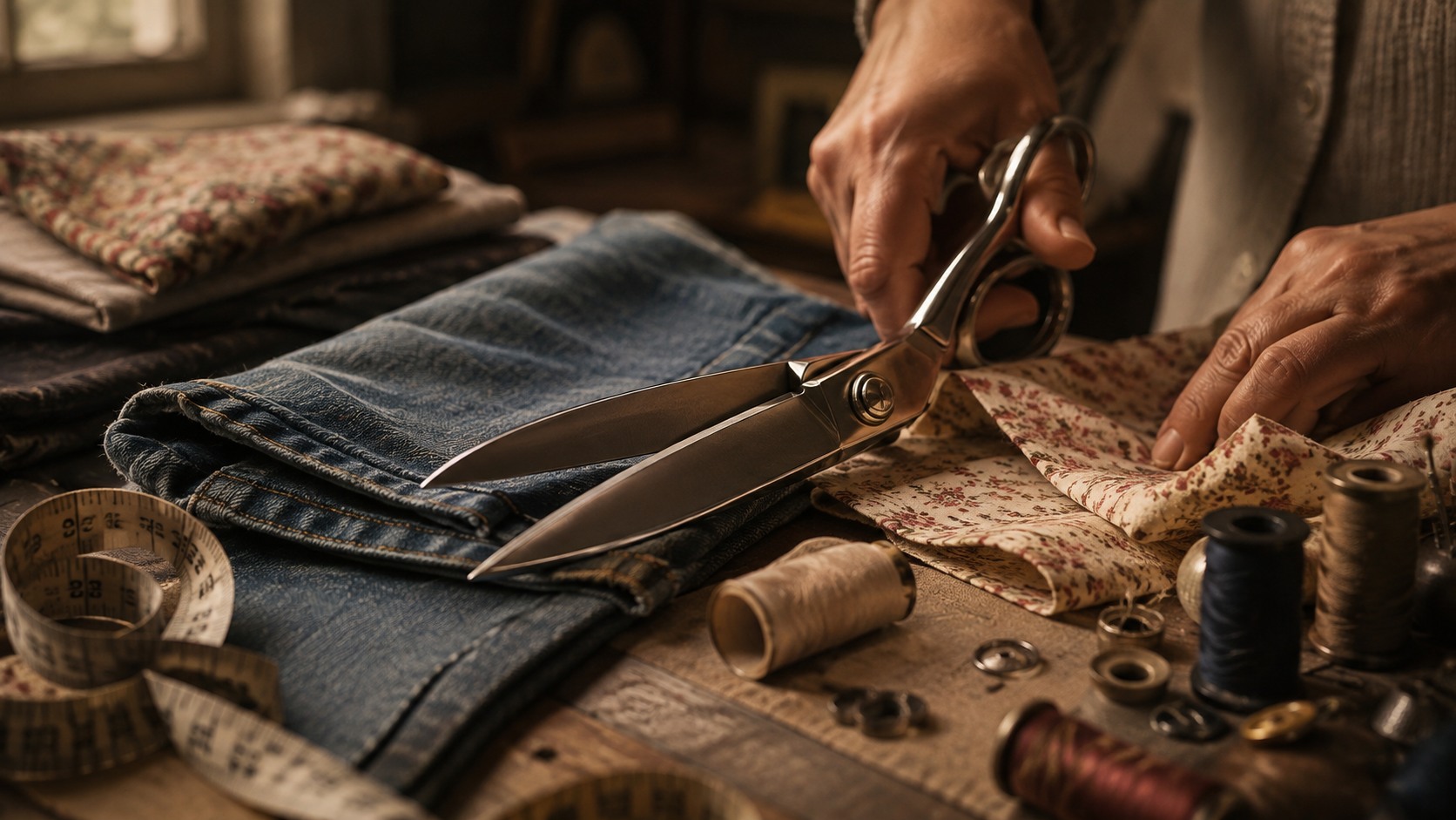 Heavy polished sewing scissors cutting fabric on a worktable