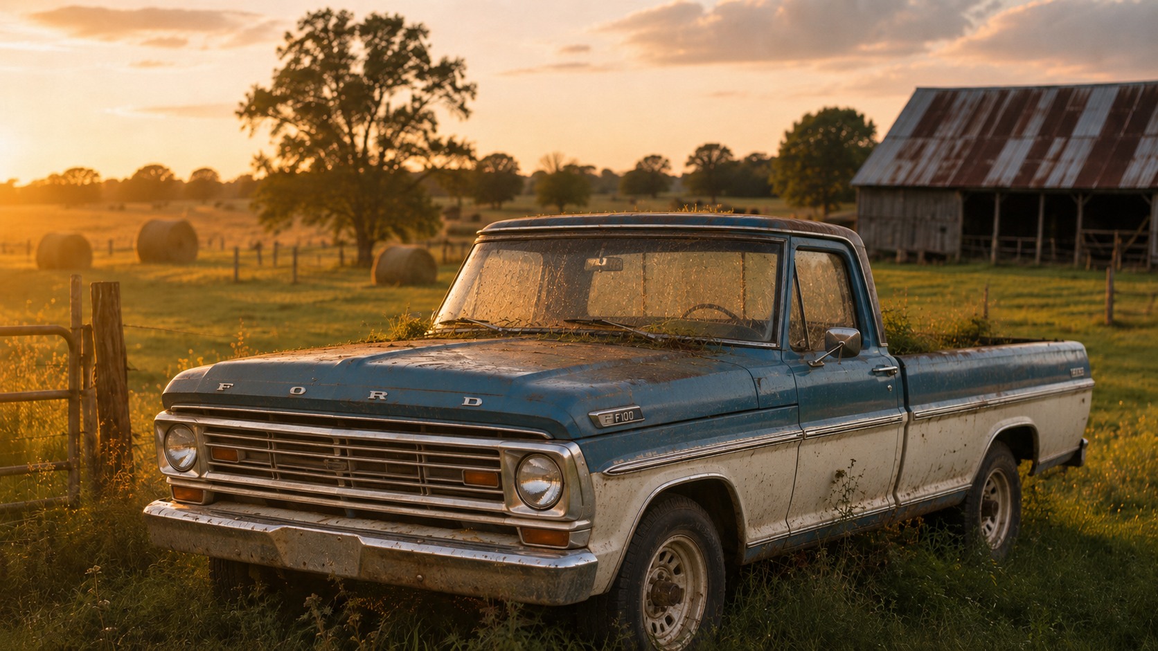 Weathered blue-and-white 1967 Ford F-100 in a farm pasture at sunset