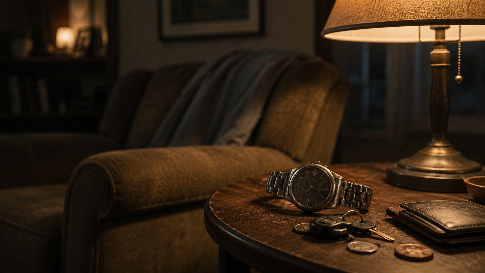 A worn wristwatch resting under a lamp beside an empty chair